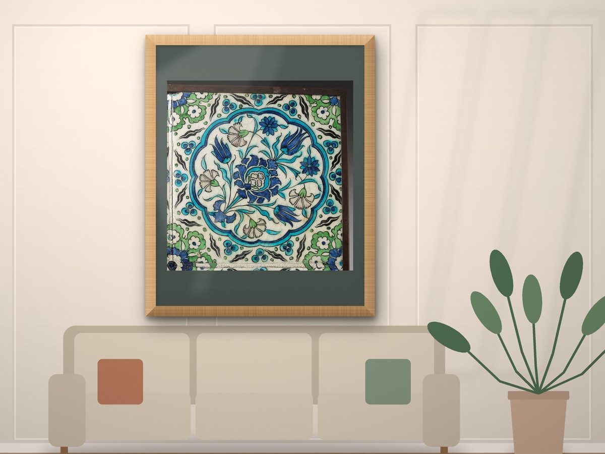 Iznik Wall Tile 1600s Ottoman Turkey Saz Leaf Roundel Second Tile, Turkish Tile Print, Islamic Ceramic Wall Art, Blue & Green