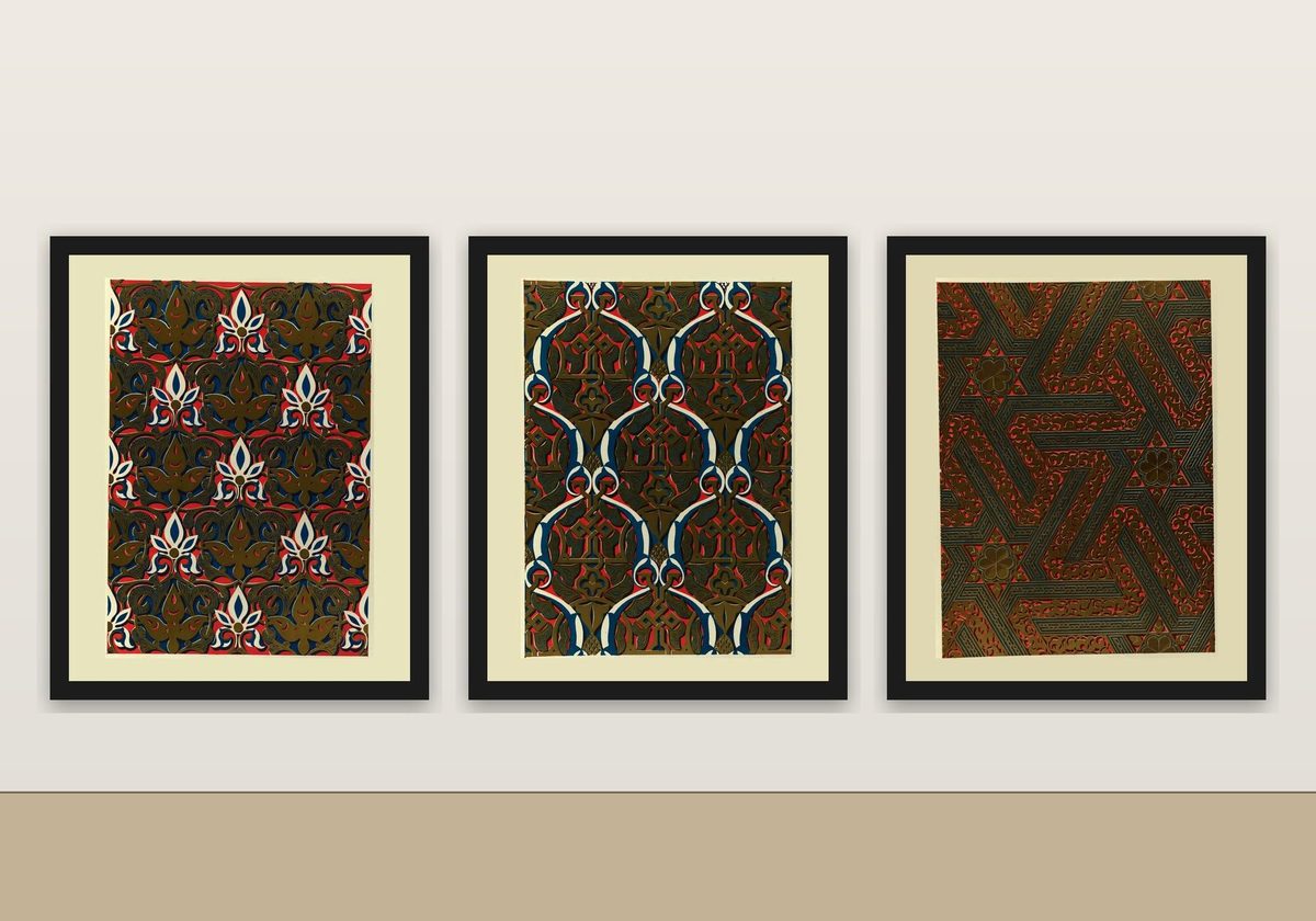 Owen Jones 1845 Alhambra Print Set of 3, Moresque Palmette, Ogee Interlace & Red Interlace Plates, Islamic Geometric Gallery Wall Set