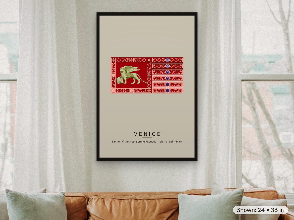 Venice Lion of Saint Mark Flag Print, Republic of Venice Banner Wall Art, Venetian Poster, Italy Travel Gift, Historical Flag Plate