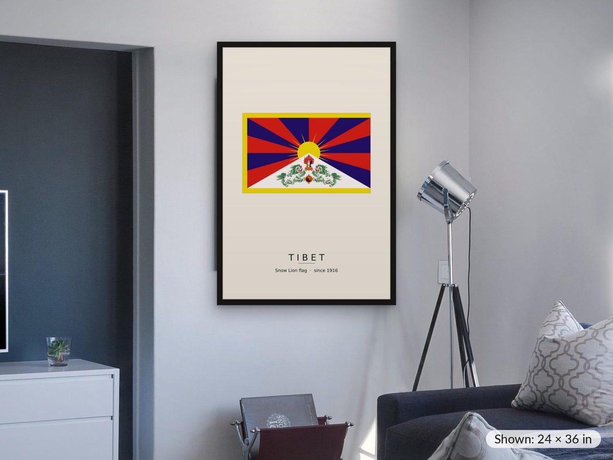 Tibetan Snow Lion Flag Print, Tibet Flag Wall Art, Himalayan Buddhist Poster, Free Tibet Gift, Historical Flag Plate