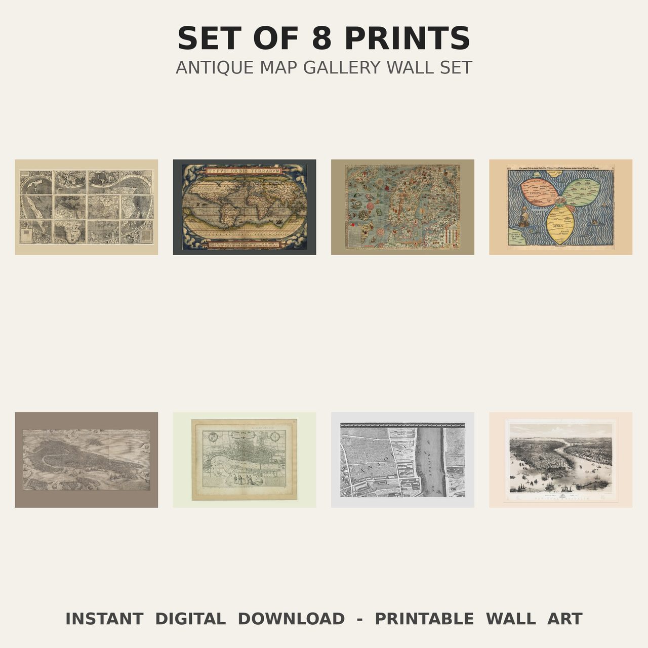 Antique Map Print Set — all 8 prints in the set